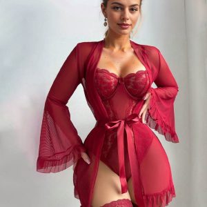 2 Piece Set Lace Kimono Robe with Teddy