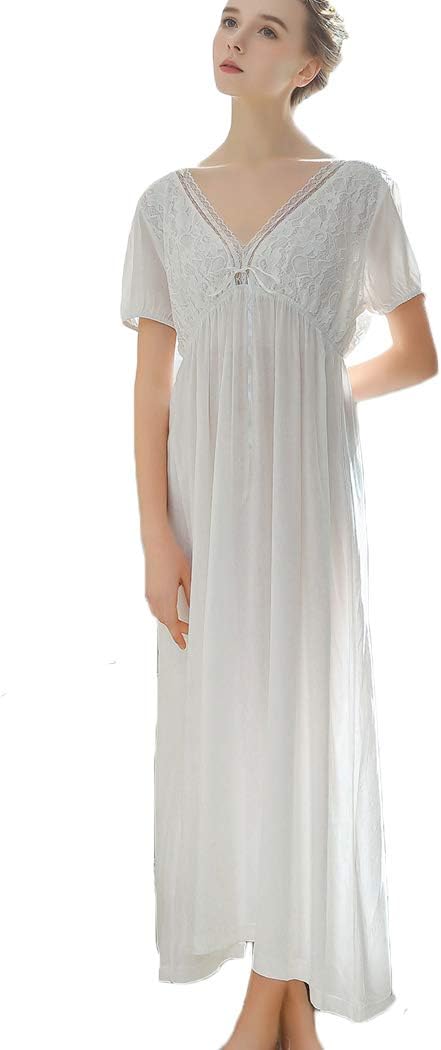 Womens Long Short Sleeve Vintage Lace V Neck Nightgown Cotton Sleepwear