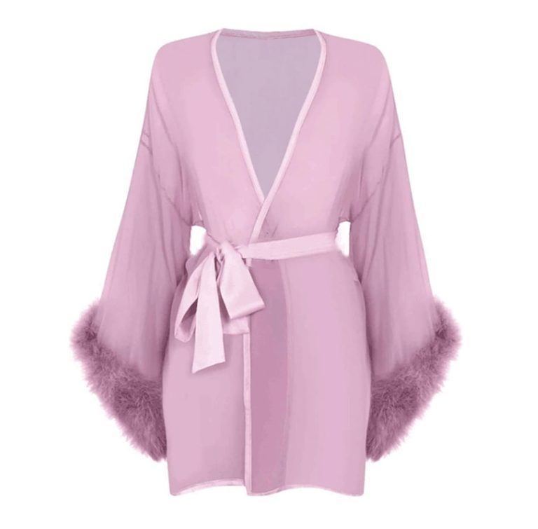 WA-02 Sexy Middle Silk Robe With Real Fox Fur Trim Cuffs For Women Fluffy Nightgown See Through Sleep Wear Thin Home Wear Belt Tie Sleep Dress Tulle Housewear Nightdress(Custom Size,Purple)