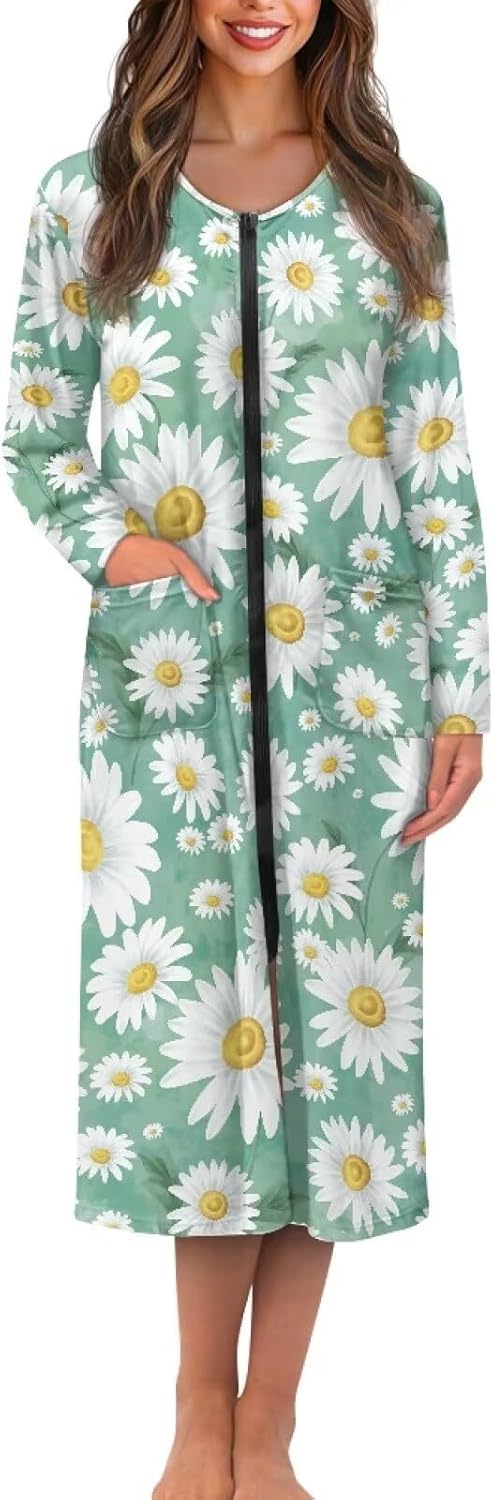 JEOCODY Women Zipper Robe Long Sleeve Nightgowns Long Bathrobe with Pockets Casual Full Length Loungewear