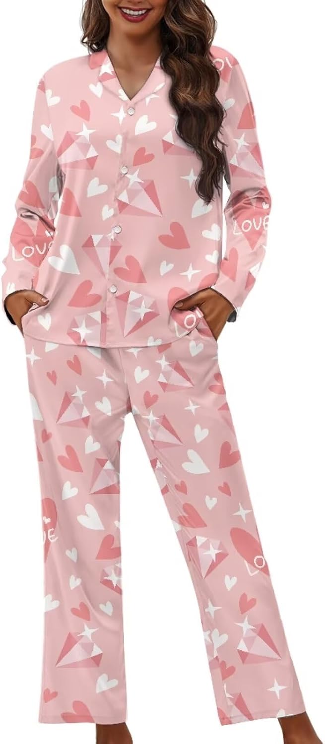 Valentines Pajama Sets for Women 2 Piece Button Up Pajamas Sleepwear Long Sleeve Lounger Outfit Nightwear