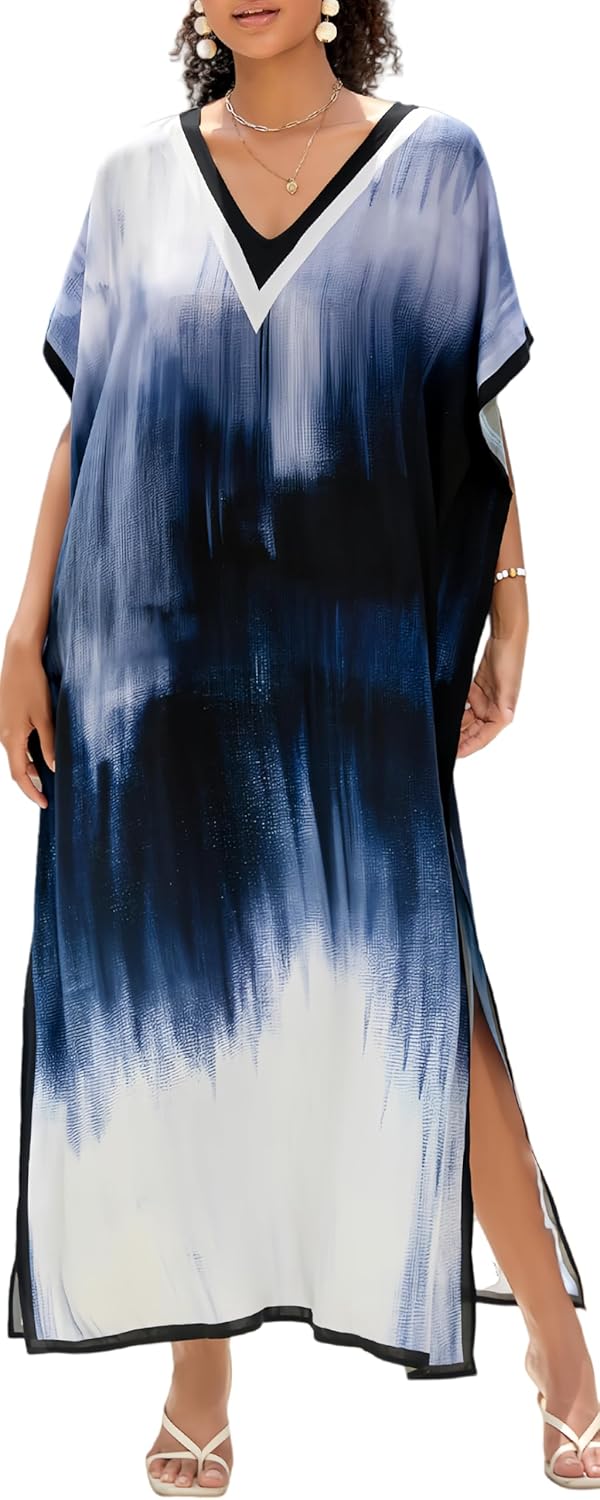 FEOYA Womens V Neck Watercolor Kaftan Swimsuit Cover Ups Side Split Maxi Dress for Summer 2025