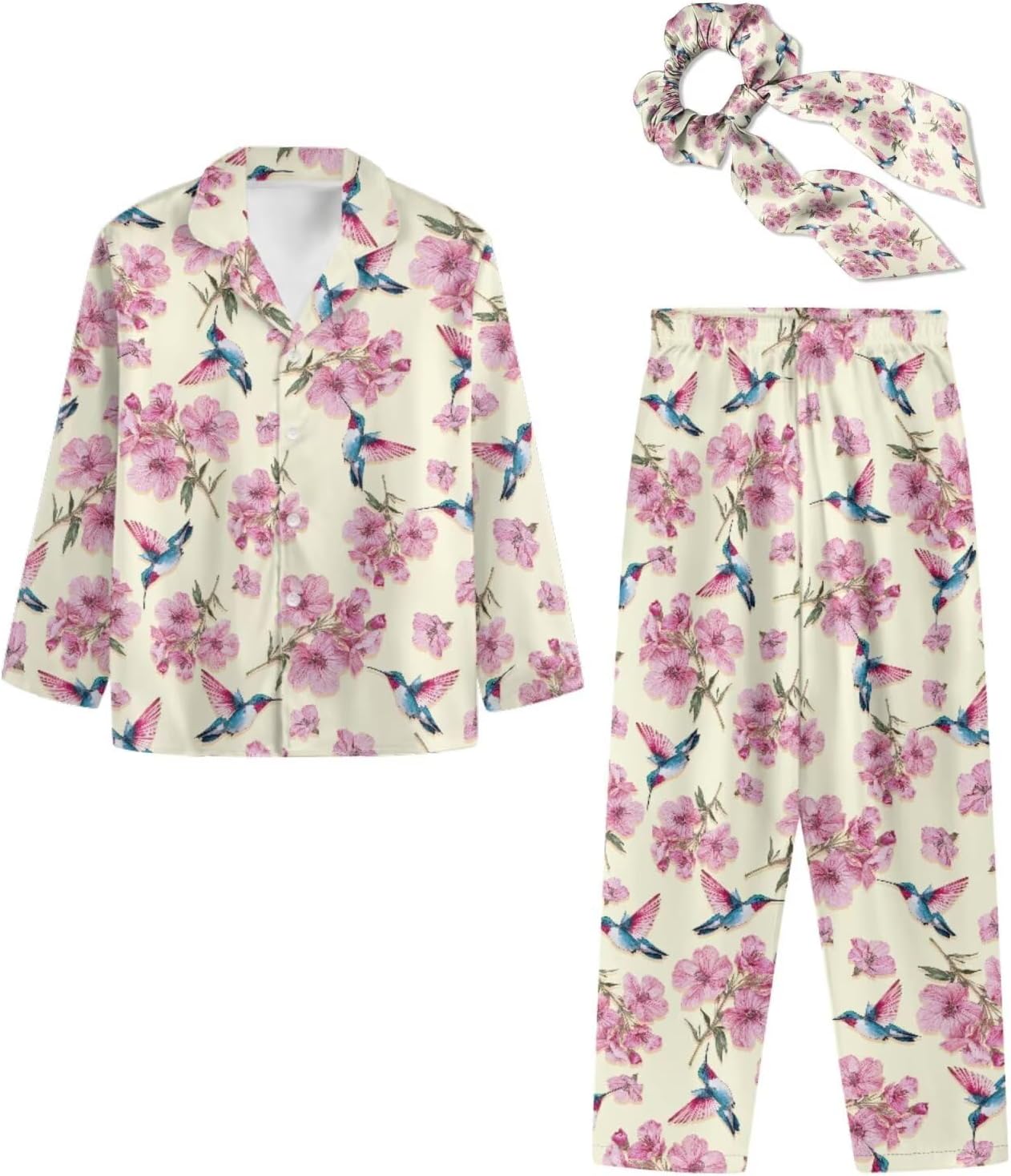 3 Pieces Pajamas Sets for Women Long Sleeve Button Up Pjs Loungewear with Bow Hair Band Sets