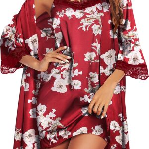 Ekouaer Sleepwear Women's Satin Nightgown with Robes Set 2 Piece Sexy Lace Cami Nightwear