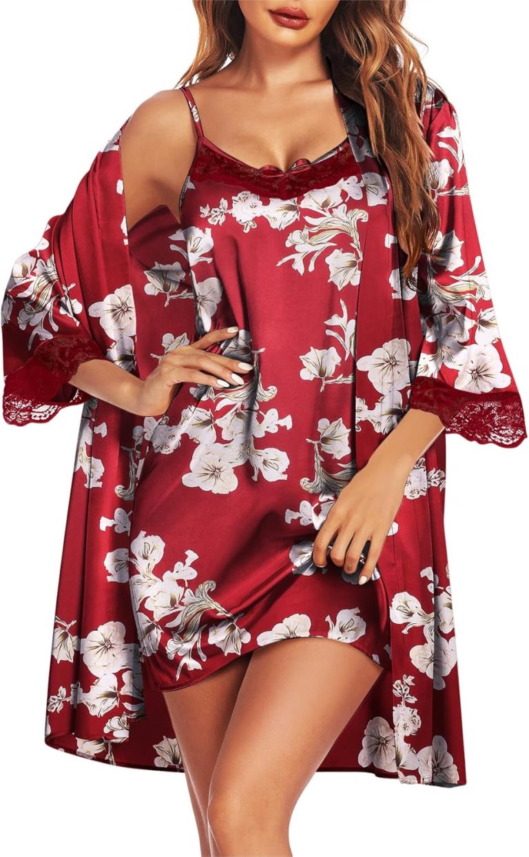 Ekouaer Sleepwear Womens Satin Nightgown with Robes Set 2 Piece Sexy Lace Cami Nightwear