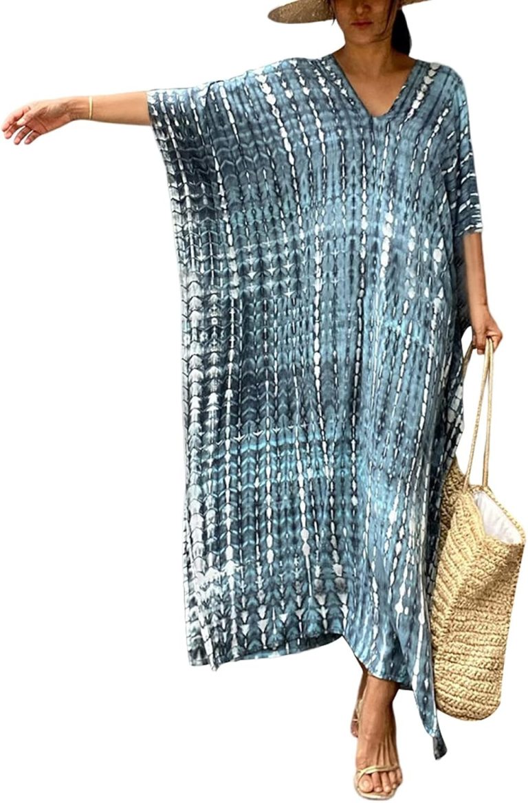 FEOYA Womens Bohemian Swim Cover Ups Printed V Neck Pullover Kaftan Dress Swimsuit with Slit