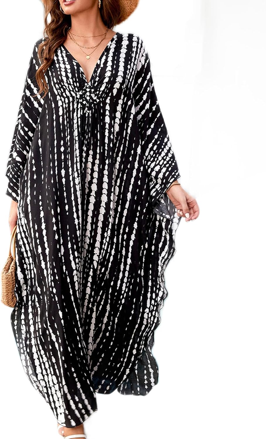 Plus Size Kaftan Dress for Women Swimwear Coverup Printed Caftan Loungewear Elegant Beach Blouse Tunic Casual Housewear Black Stripe