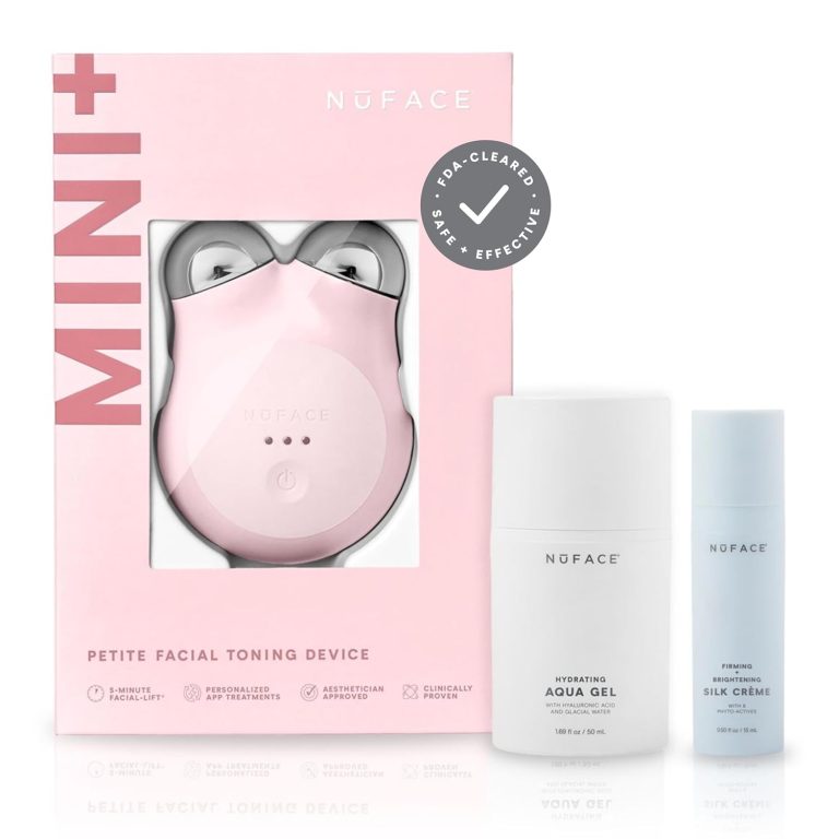 NuFACE MINI+ Microcurrent Facial Device Kit FDA Cleared Face Sculpting Skin Tightening Device to Contour Lift Tone + Microcurrent Gel Activator Silk Creme Sandy Rose