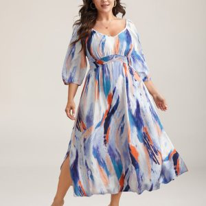 Abstract Print Waist-Cinched Split Hem Maxi Dress