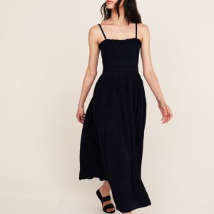 Annie Smocked Check Midi Dress In Navy