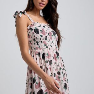 Annie Smocked Peony Print Midi Dress In Cream