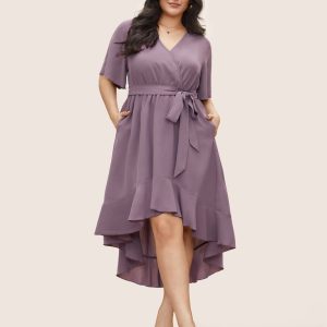 Bloom Dress - Solid Tie Surplice Ruffle High Low Dress