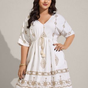 Boho Embroidered Waist Tie Midi Dress