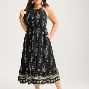 Boho Print Halter Neck Pockets Midi Dress