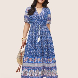 Boho Print Notched Ties Tassel Trim Dress