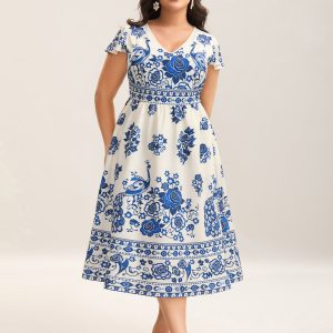 Boho Print V-Neck Pockets Midi Dress