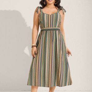 Boho Stripe Knotted Straps Midi Dress