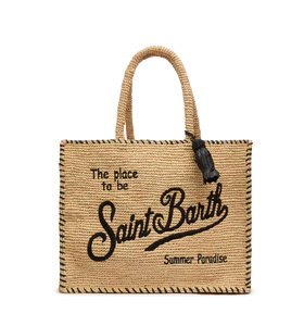 Borsa a spalla Vanity Rafia beige con bordo nero