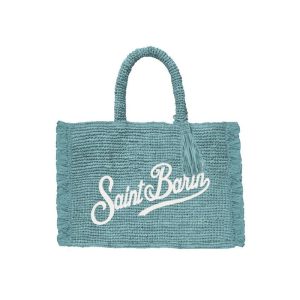 Borsa mini vanity rafia con frange e ricamo verde