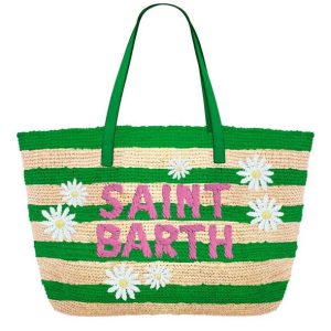 Borsa raffia city a strisce verde