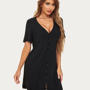 Button Down Short Sleeve V Neck Night Shirt