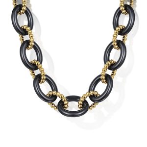 Ceramic - 14K Yellow Gold Black Ceramic Oval Link Chain Necklace with Bujukan Connectors