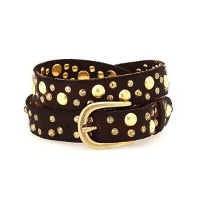 Cinture donna in pelle marrone con borchie oro