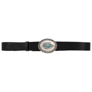 Cinture donna in pelle nera con fibbione argento e turchese