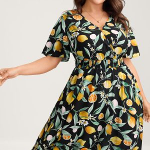 Citrus Print Overlap Neck Shirred Midi Dress