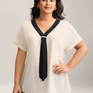Collar Tie Color Contrast Blouse
