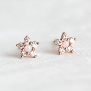 Cora Opal Flower Stud Earrings with Diamonds
