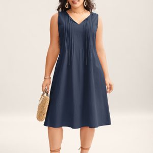 Cotton Toothpick Pleat Plain Midi Dress