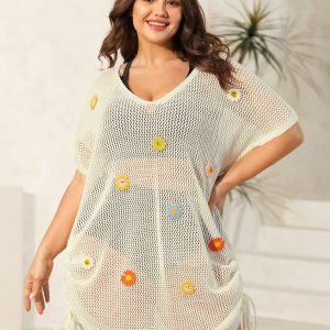 Crochet Floral Knotted Drawstring Swim Cover-Up
