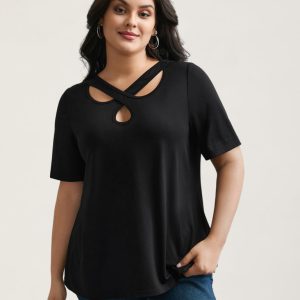 Crossover Keyhole Plain Stretchy T-Shirt