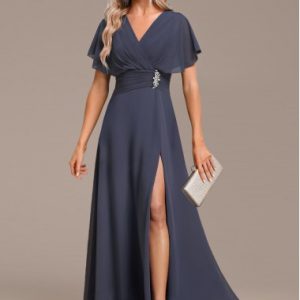 Dark Grey Split Maxi Short Sleeve V Neck Dress