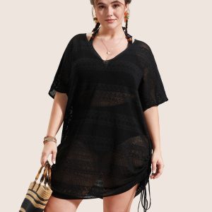 Deep V Neck Cut Out Drawstring Swim Cover Up