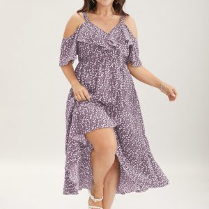 Ditsy Floral Pocket Wrap Cold Shoulder Ruffle Dress