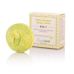 Duschkind festes Shampoo für feines Haar und normales Haar mit Ginger Lemon. 4in1 Formel, 56 Gramm pro Stück.