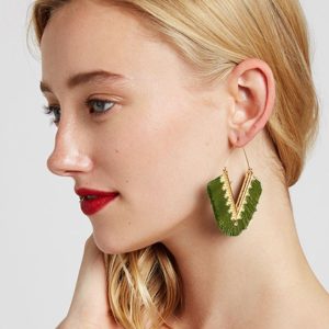 Edna Khaki V-Shaped Fringed Hoop Earrings