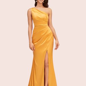 Elegant One Shoulder Mermaid Side Slit Soft Satin Bridesmaid Dresses