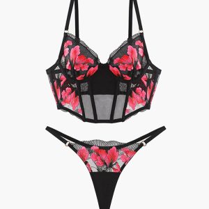Embroidered Corset Bra and Thong 2 Sets