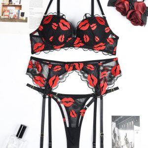 Embroidery Print Set with Garter Belts