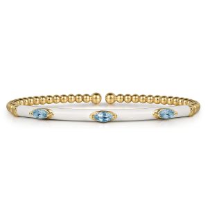 Enamel - 14K Yellow Gold Bujukan Blue Topaz Split Bangle with White Enamel