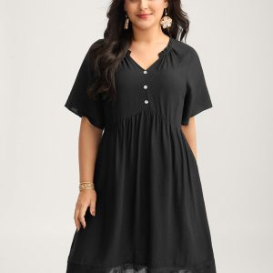 Eyelet Hem Ruffled Neck Midi Dress