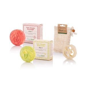 Festes Shampoo Ginger Lemon und Granatapfel im Set mit Sisalsäckchen und Luffahscheibe