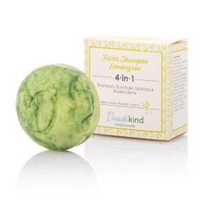Festes Shampoo Lemongras, angereichert mit Macadamianussöl. Konzipiert in einer 4-in-1 Formel