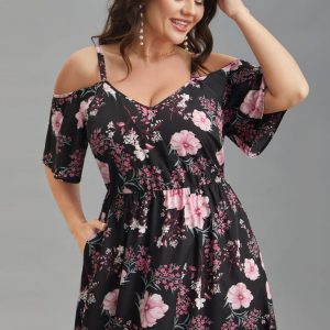 Floral Print Cold-Shoulder Pockets Midi Dress