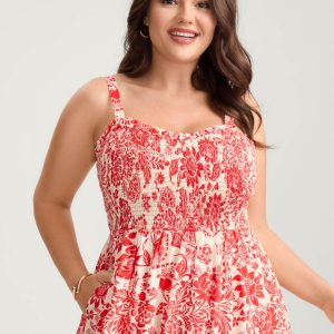 Floral Shirred Ruffled Cami Midi Dress