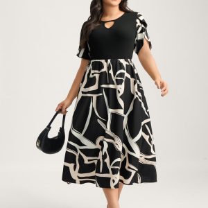 Geometric Print Color Contrast Stretchy Midi Dress
