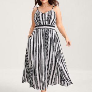 Geometric Stripe Shirred Cami Midi Dress
